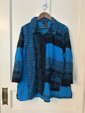 Ali Miles Geometric Button Collared Tunic Blouse Womens Size XL Blue Black Boho